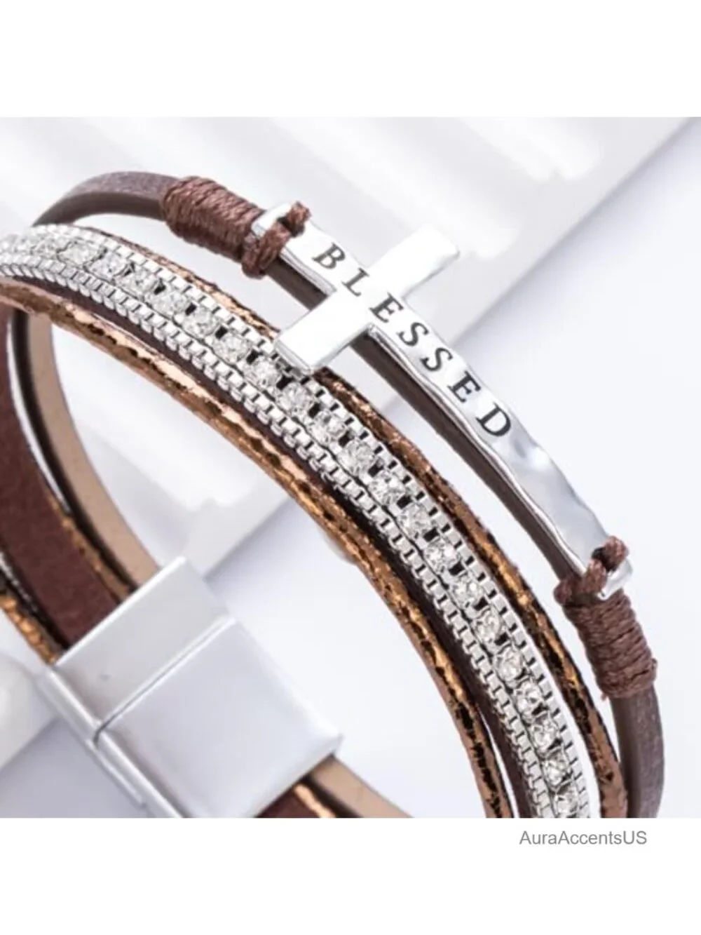 Faux Leather Cross Charm Bangle Bracelet Boho Religious Magnetic Clasp